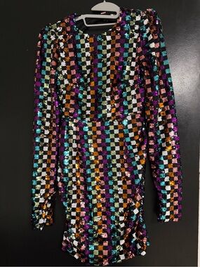 Sequin Checkered Long-Sleeve Mini Dress - Multicolor